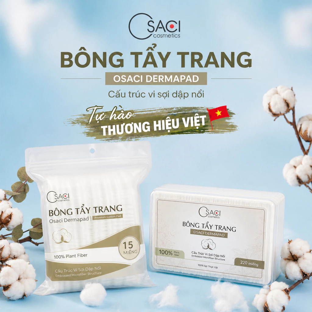 Hộp 220 Miếng Bông Tẩy Trang Cấu Trúc Vi Sợi Dập Nổi Không Xơ Bông Osaci Dermapad