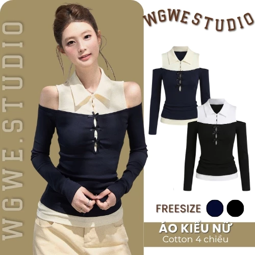 WGWE Studio Áo Kiểu Nữ Phối Cổ Sơ Mi Hở Vai Ôm Nhẹ Đính Nơ Nhí – Thanh Lịch, Nữ Tính 8625