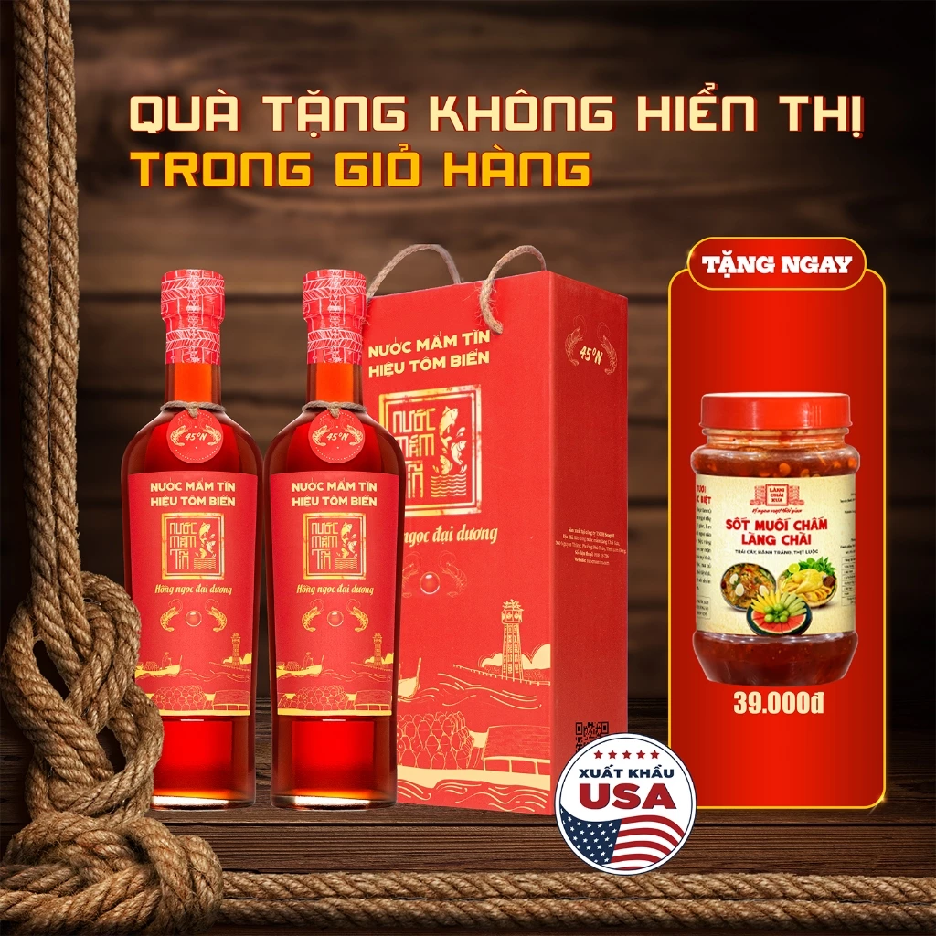 [Tặng Sốt muối chấm] Hộp 2 Chai Nước Mắm Tĩn Hiệu Tôm Biển độ đạm 45N 500ml - Hồng Ngọc Đại Dương