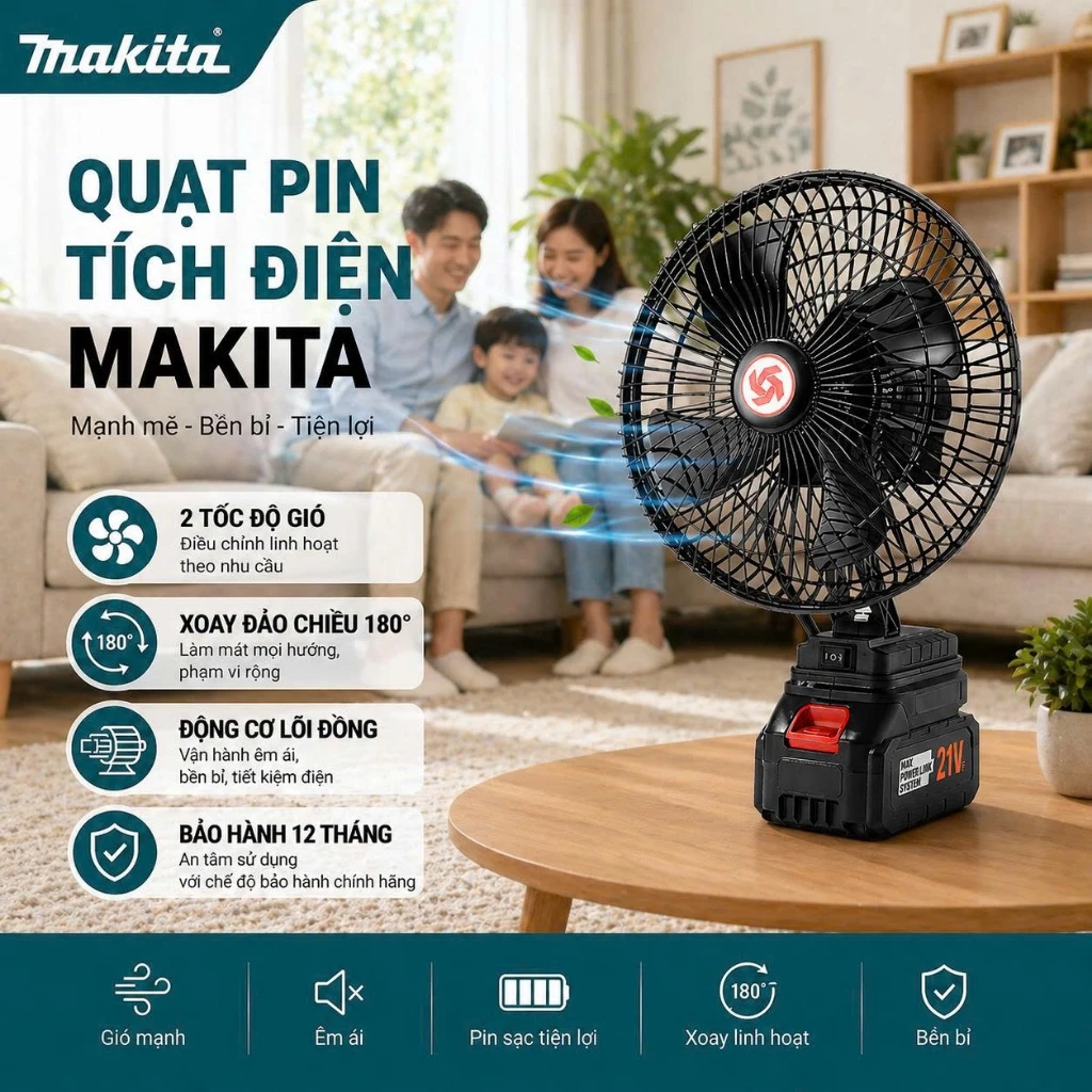 [QUẠT XOAY 180 ĐỘ] Quạt Tích Điện Để Bàn Dùng Pin MAKITA Công Suất Lớn, Làm Mát Cực Nhanh, Hoạt Động Mạnh Mẽ, Bền Bỉ