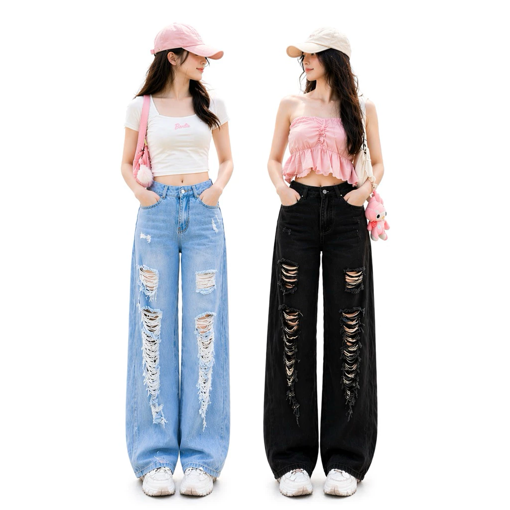 Quần jeans nữ Suông ống rộng rách tơi tả BigSize 4454 MoLiJeans quần bò nữ ống rộng dáng xuông