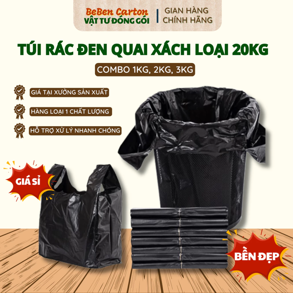 (Túi 20KG) Túi Đen Đựng Rác Giá Xưởng Đủ Kích Thước, Gói Hàng Siêu Tiết Kiệm - Bé Bền Carton