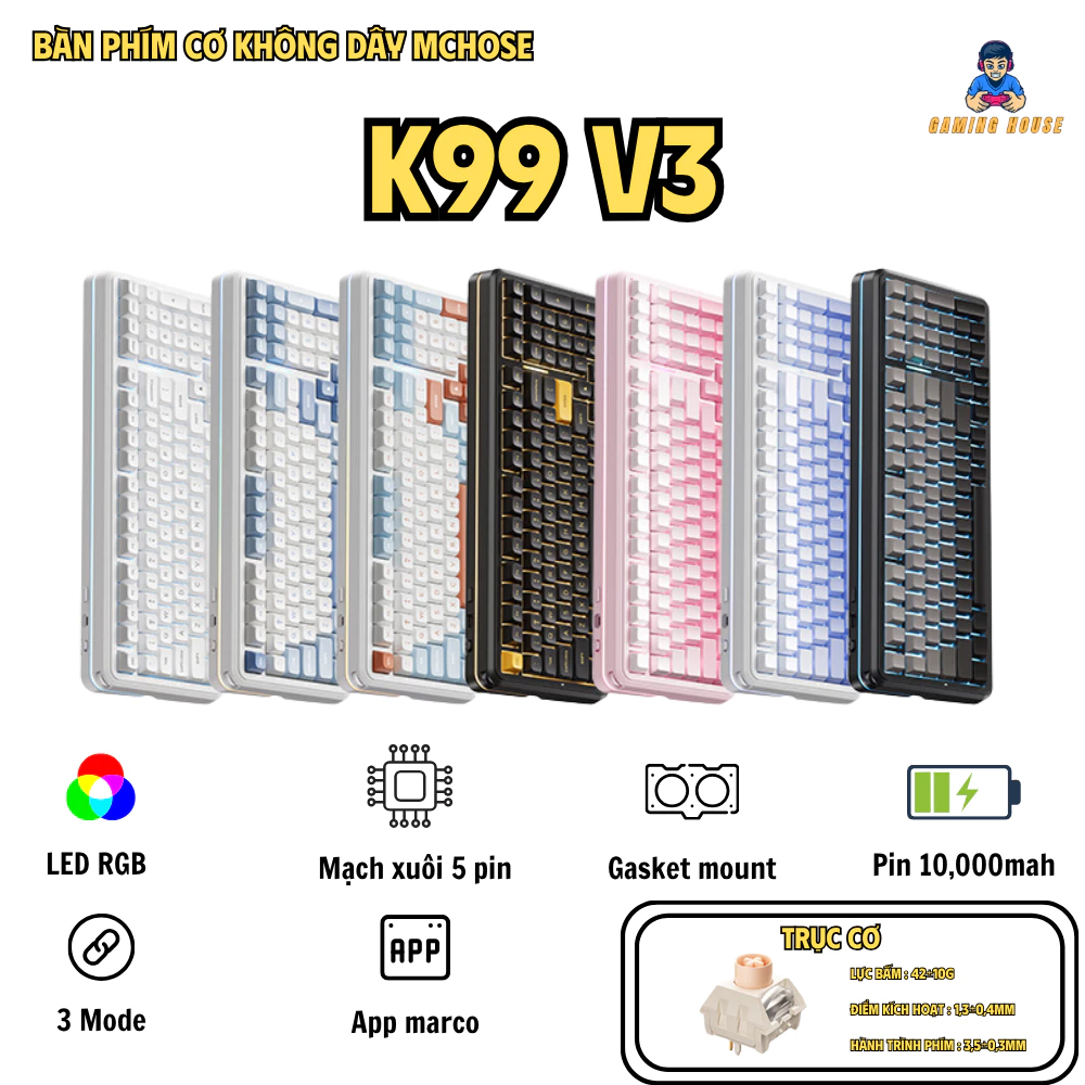Bàn phím cơ không dây full size Mchose K99 V3 - 3 Mode - Pin 10000 - Mạch Xuôi 5 pin - LED RGB - Tạ nhôm