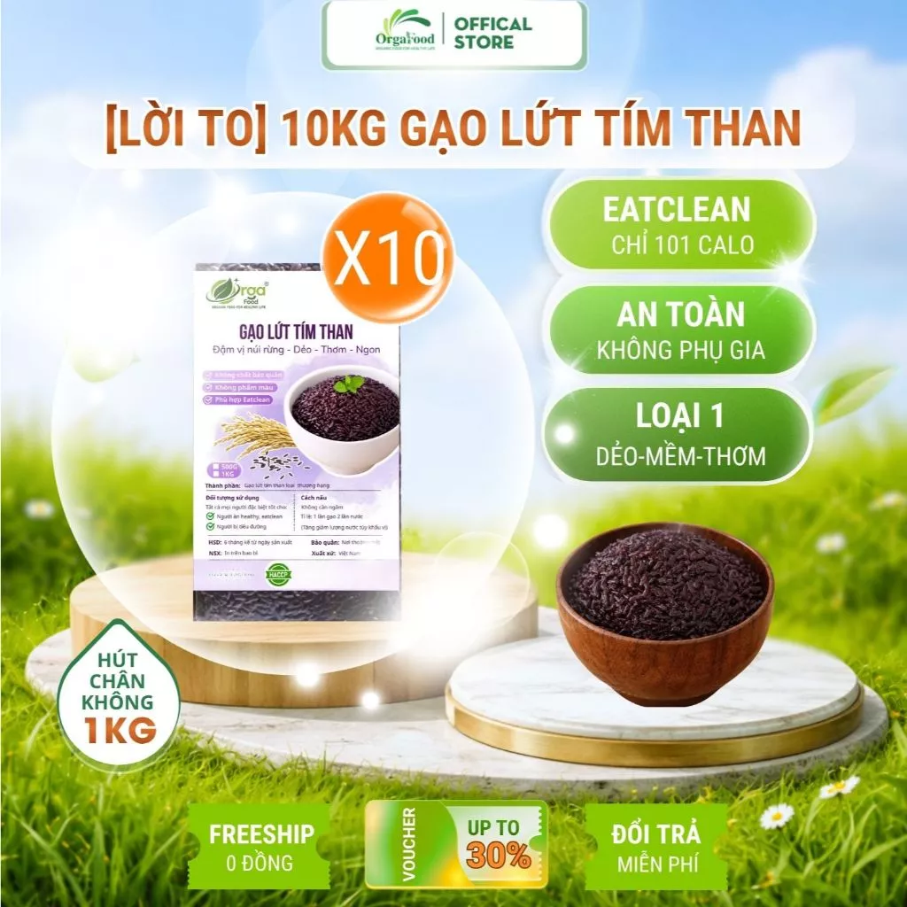 10kg Gạo Lứt Đen Dẻo/ Tím Than Điện Biên Hữu Cơ, Gạo Lức Tím Than Orgafood EAT CLEAN Eatclean, Healthy
