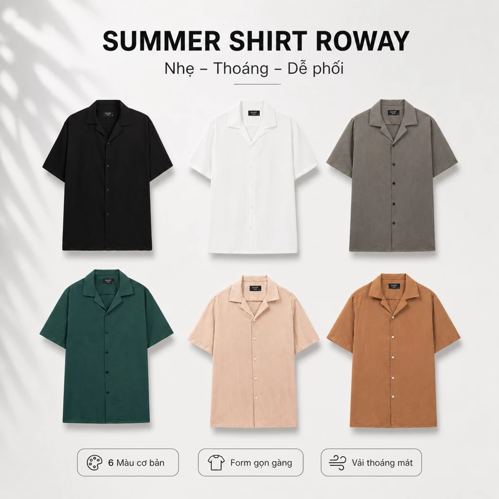 Áo sơ mi nam ROWAY vải đũi thoáng mát, form regular, Sơ mi cộc tay basic