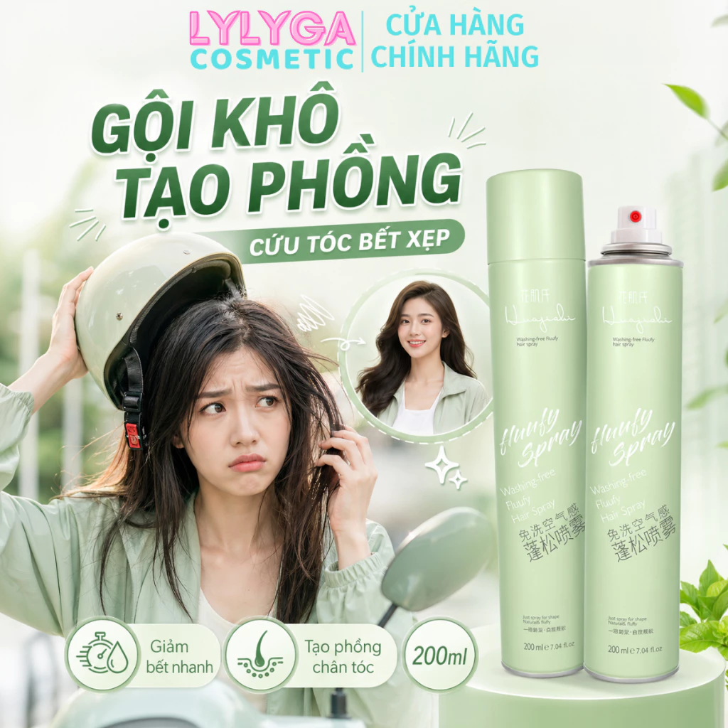 Dầu gội khô tạo phồng FLUUFY SPRAY 200ml xịt khô tạo phồng tóc, gội đầu khô không cần nước cho nam nữ không bết tóc GK03