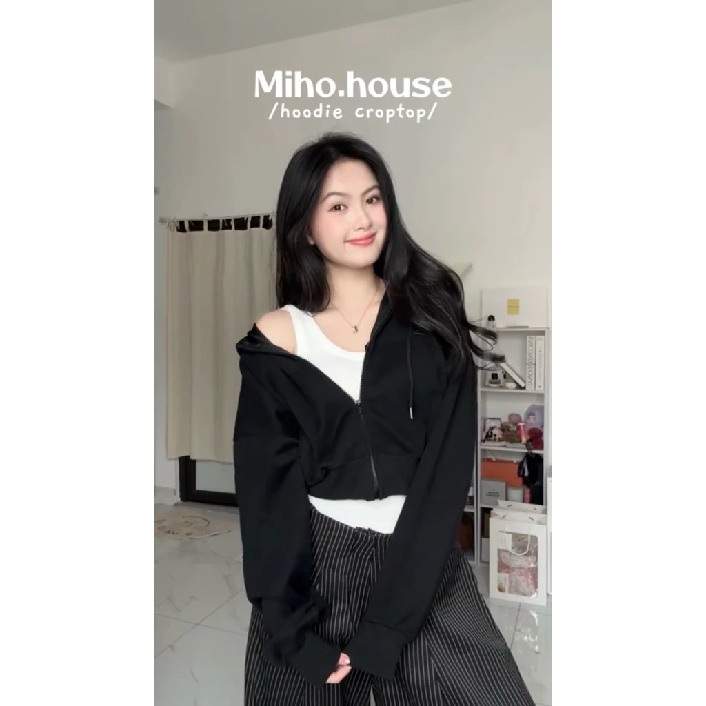 Áo Khoác Nỉ Croptop Mũ Siêu To, Áo Hoodie Zip Dày Dặn Form Rộng Hàn Quốc, Áo Dáng Ngắn Siêu Xinh Chất Nỉ Hàn Miho House