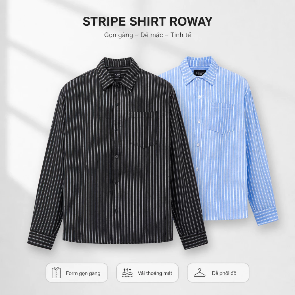 Áo sơ mi nam ROWAY vải linen thoáng mát, form regular | Dài tay linen sọc