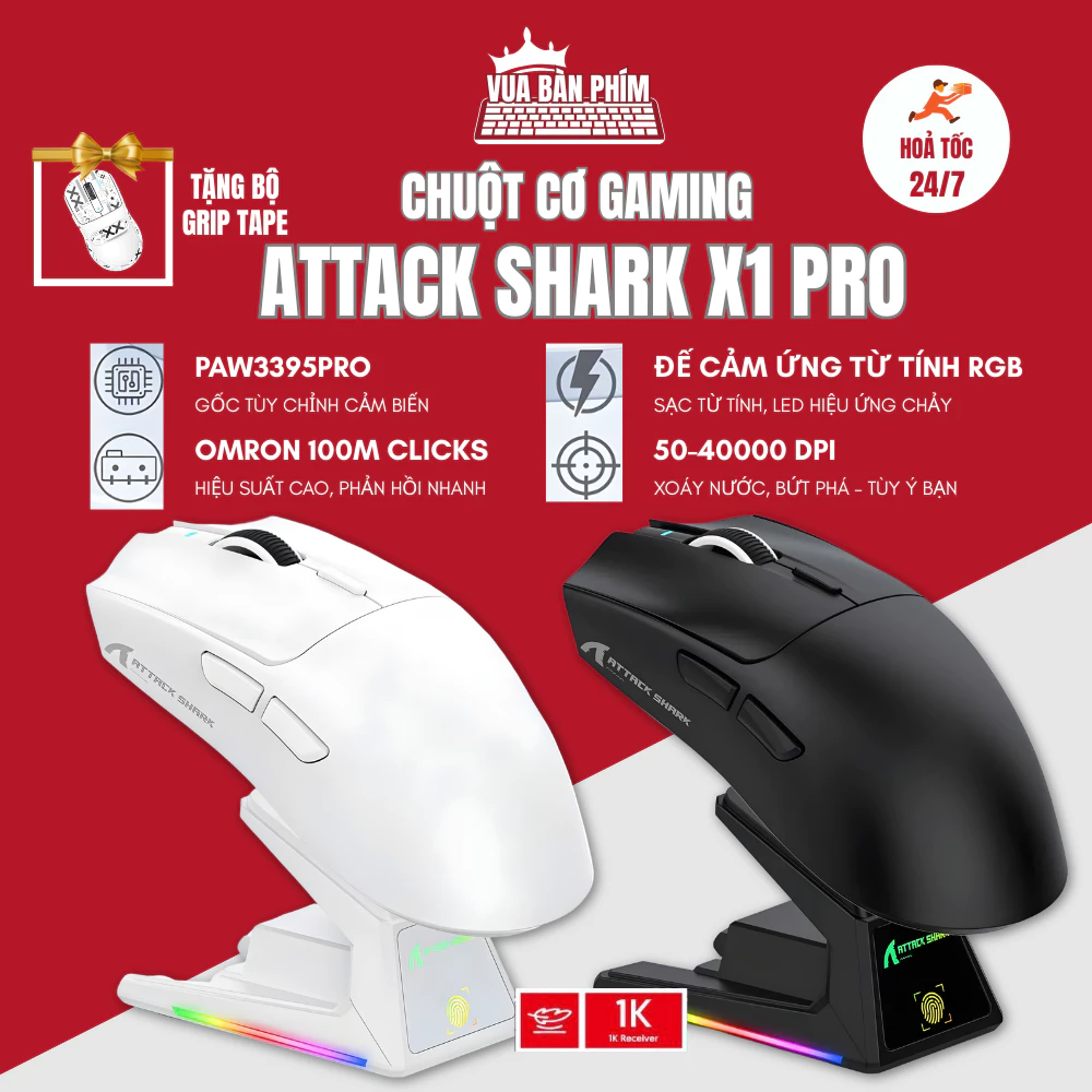 Chuột máy tính không dây gaming Attack Shark X1 bluetooth, có dock sạc tiện lợi, siêu nhẹ 59g , chip Paw 3395 siêu mạnh