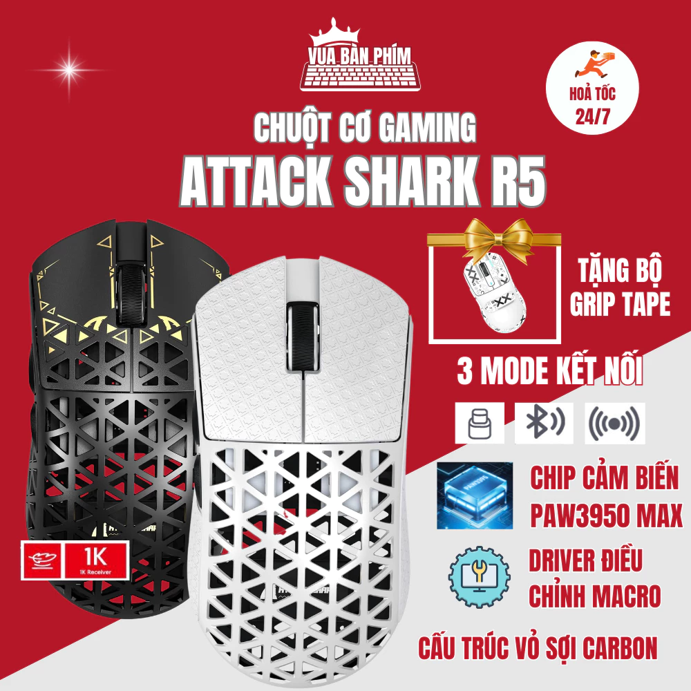 Chuột cao cấp không dây gaming attack shark R5 Ultra cấu trúc sợi carbon siêu chip pw3950 max, dongle 8Khz ,siêu nhẹ 38g