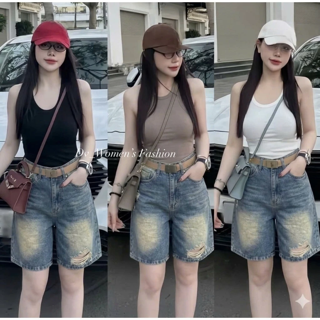 Quần Jean Short Nữ Lửng Ống Rộng Phối Rách - Quần Đùi Denim Cạp Cao Màu Wash Loang Cá Tính Phong Cách Hàn Quốc DV83