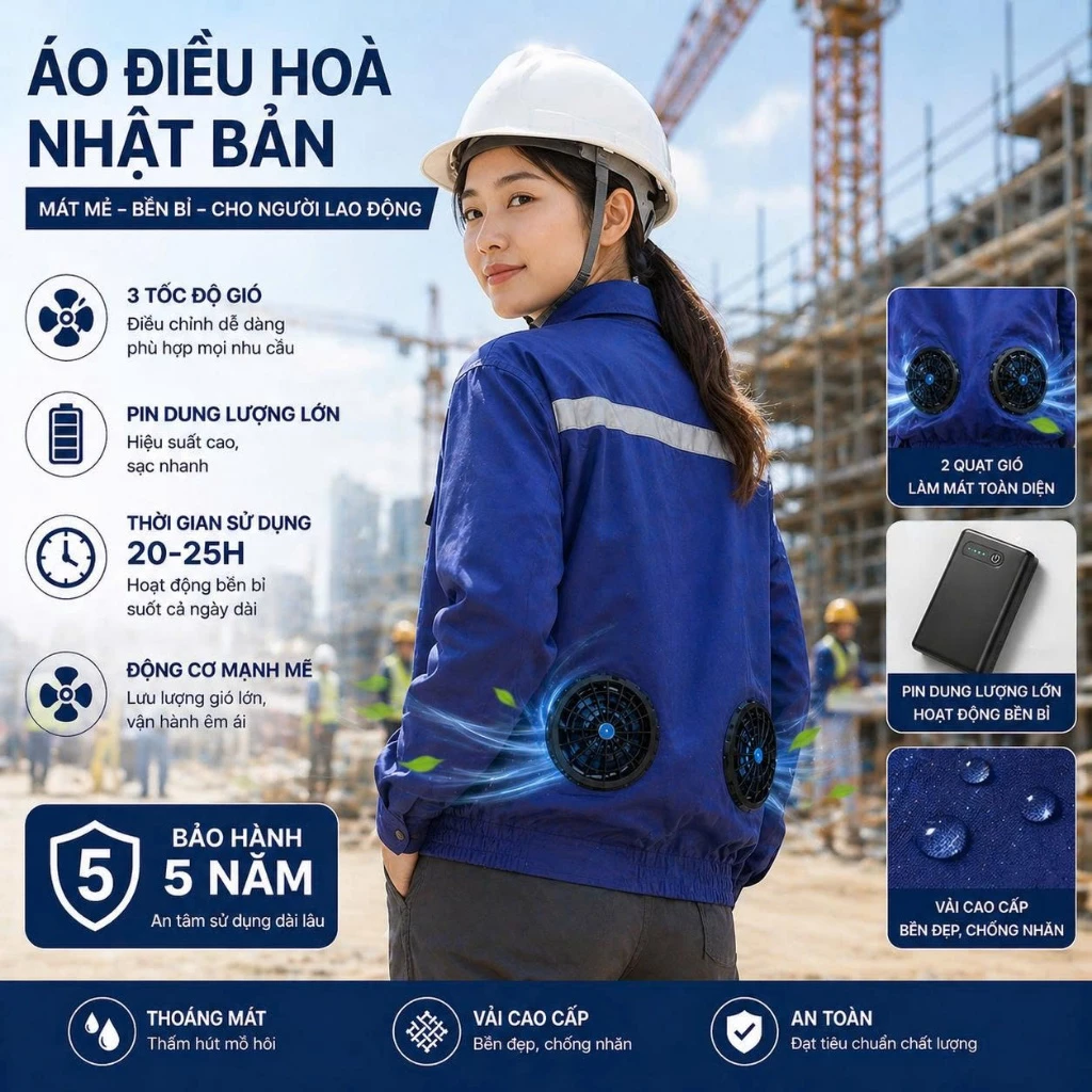 Áo Điều Hoà Nhật Bản Chính Hãng, Áo Điều Hoà Quạt Gió Pin 96000 MAH, Quạt 18V Làm Mát Cực Nhanh, Hoạt Động Mạnh Mẽ