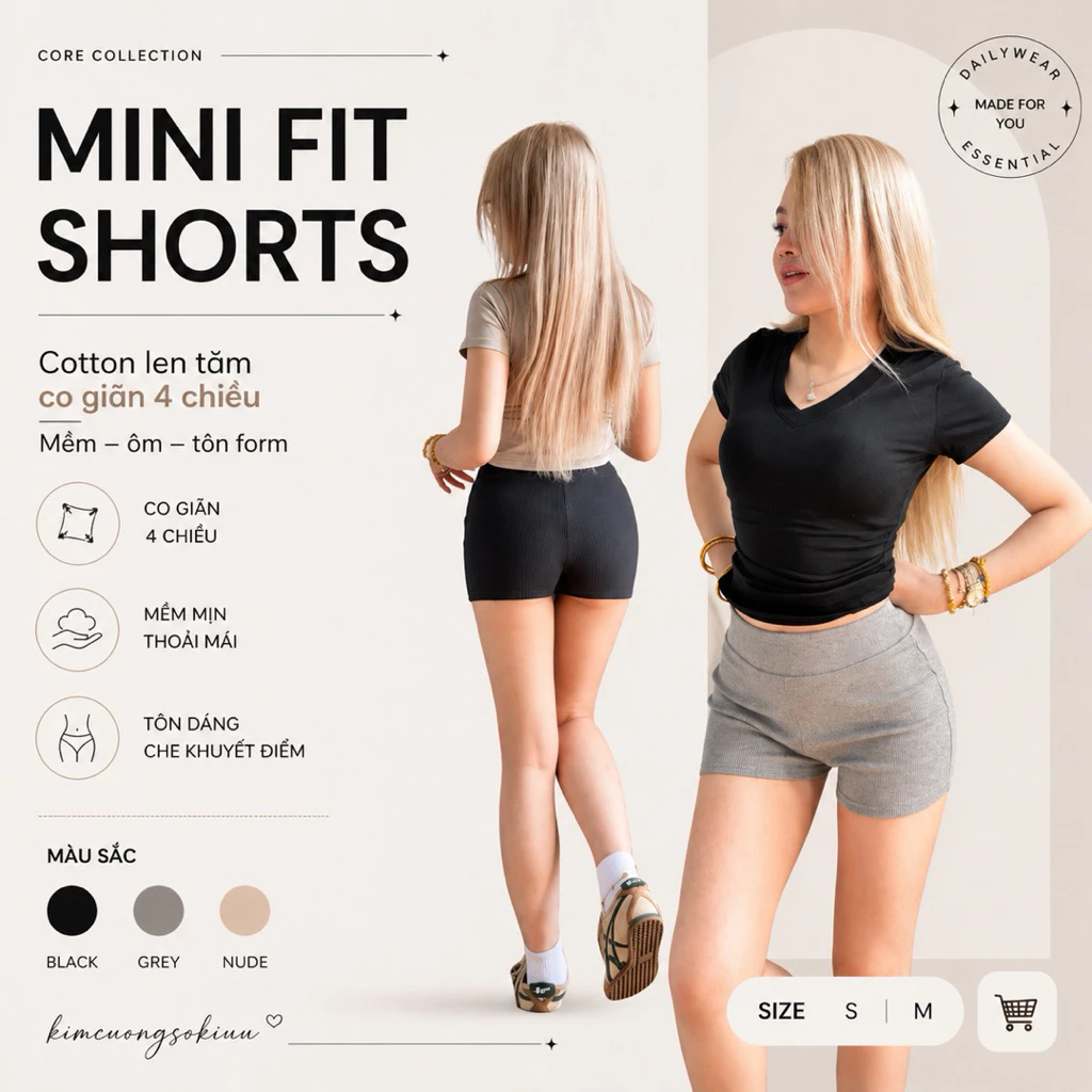 Quần Short Mini Fit Ôm Dáng Co Giãn 4 Chiều – Chất Cotton Mềm Mịn Thoáng Mát, Hack Eo Tôn Vòng 3 Tự Nhiên, Form Chuẩn