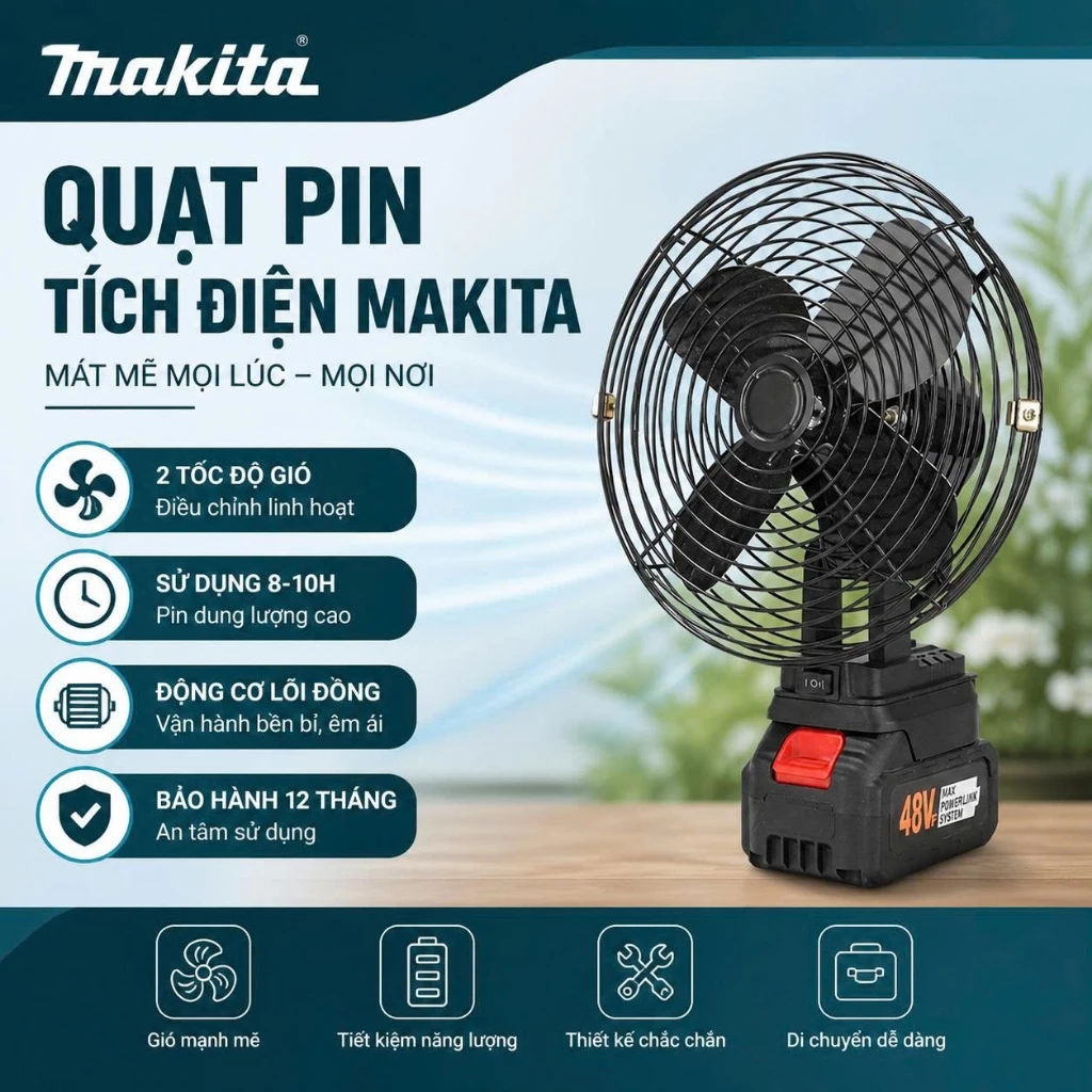 Quạt Pin Tích Điện Để Bàn, Quạt Chạy Pin MAKITA Dùng Liên Tục 12-14H, Làm Mát Cực Nhanh, Hoạt Động Mạnh Mẽ, Bền Bỉ