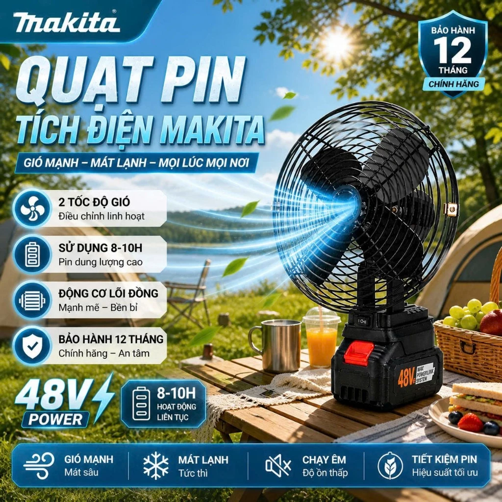 Quạt Pin Tích Điện MAKITA Để Bàn Công Suất Lớn, Làm Mát Cực Nhanh, Kết Cấu Kim Loại Chắc Chắn, Hoạt Động Mạnh Mẽ