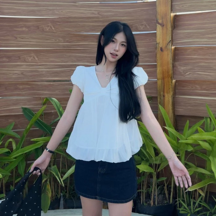 Áo babydoll cổ V tay bồng dáng bí phối tơ xinh xắn MUZA A108
