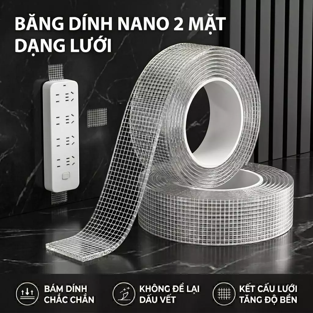 Băng Dính Nano Hai Mặt Băng Dính Hai Mặt Trong Suốt Dạng Lưới Băng Dính Ma Thuật Không Dấu Viết