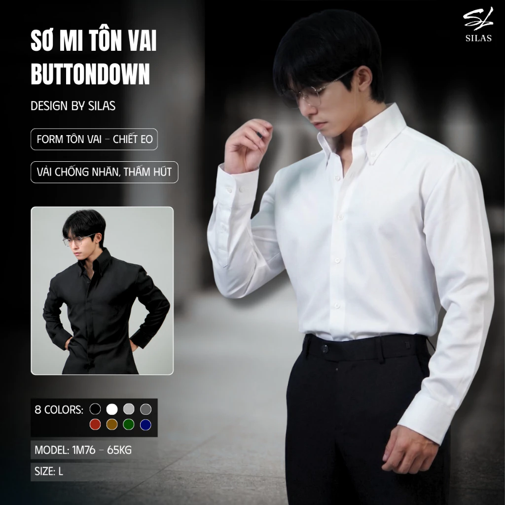 (Form Tôn Vai) Áo Sơ Mi SILAS Timothy Cổ Button Down Nam Cotton Giấu Cúc Thêu SL Chiết eo - ASL26
