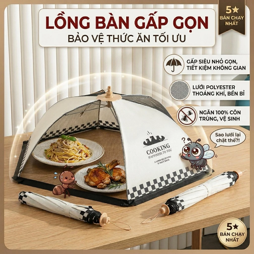 Lồng Bàn Gấp Gọn 70cm Chống Côn Trùn Lồng Bàn Che Thức Ăn Vải Polyester Cao Cấp, Gấp Mở Nhanh Tiện Lợi