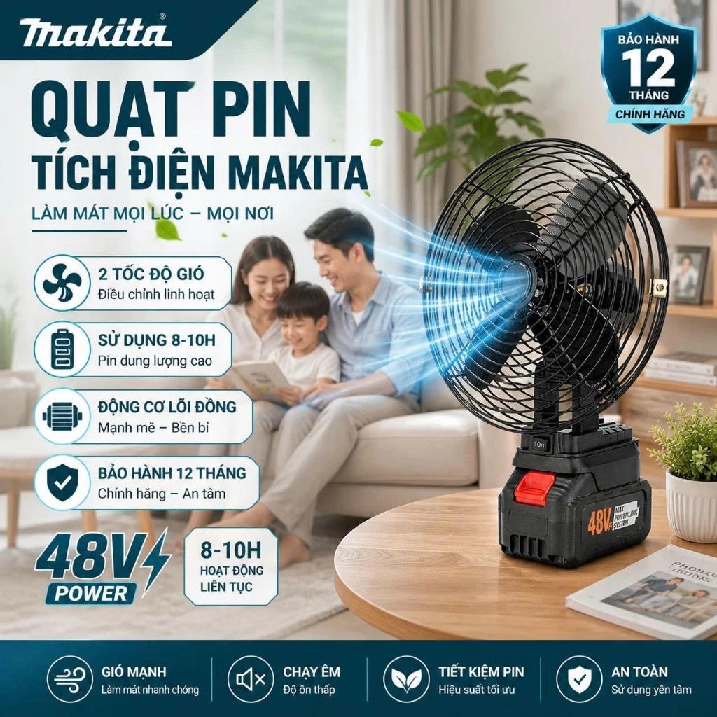 Quạt Tích Điện Để Bàn Dùng Pin MAKITA Chính Hãng, Quạt Tích Điện Mini 8 Inch Công Suất Lớn, Làm Mát Cực Nhanh, Bền Bỉ