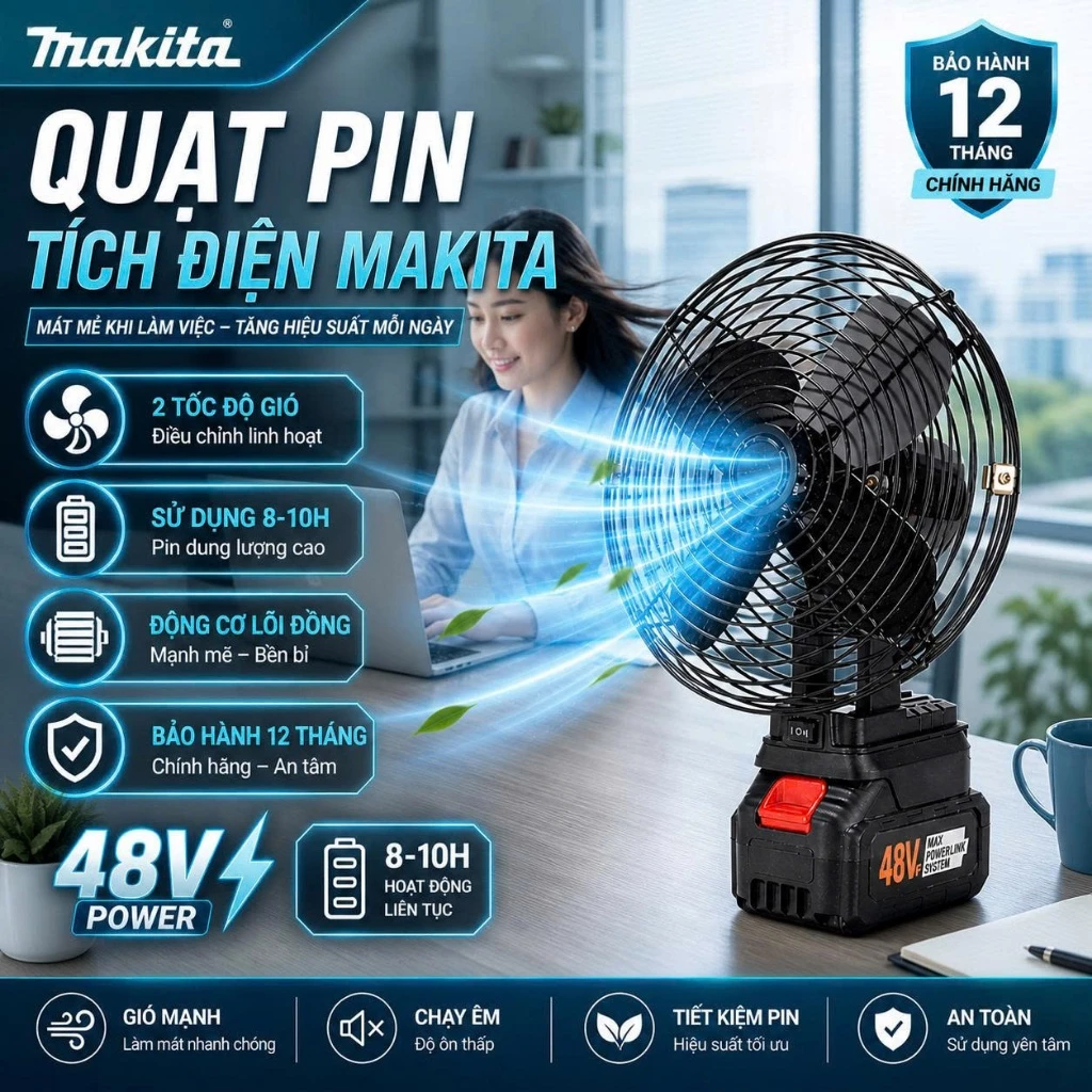 Quạt Mini Để Bàn, Quạt Tích Điện Dùng Pin MAKITA 8 Inch Công Suất Lớn, Làm Mát Cực Nhanh, Hoạt Động Mạnh Mẽ, Bền Bỉ