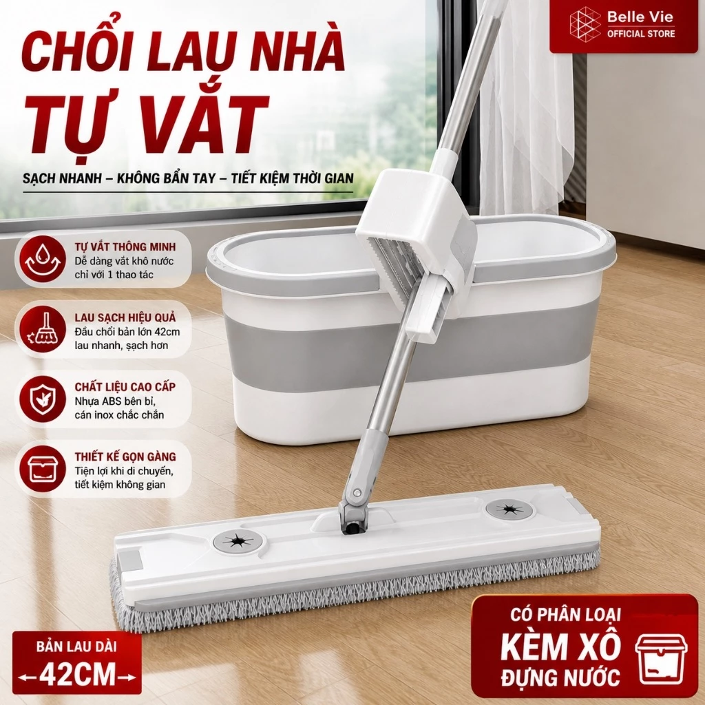 Chổi Lau Nhà Tự Vắt Thông Minh V1-42 Chổi Lau Nhà 360 Độ Bàn Lau To 42CM Có Đầu Gạt Bụi Bẩn