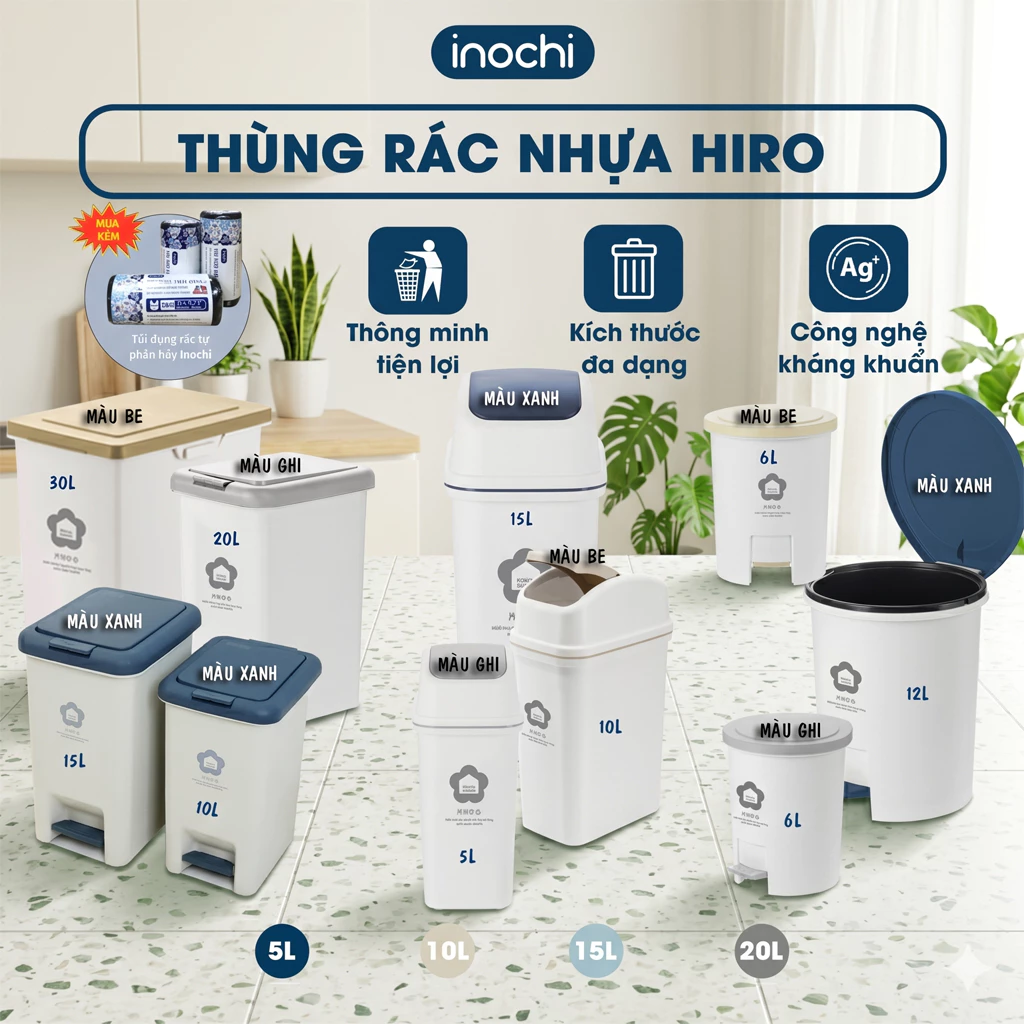 Thùng rác đạp chữ nhật Hiro 10_15_20_30L (tiêu chuẩn Nhật Bản) - Kèm ruột - Chính hãng inochi
