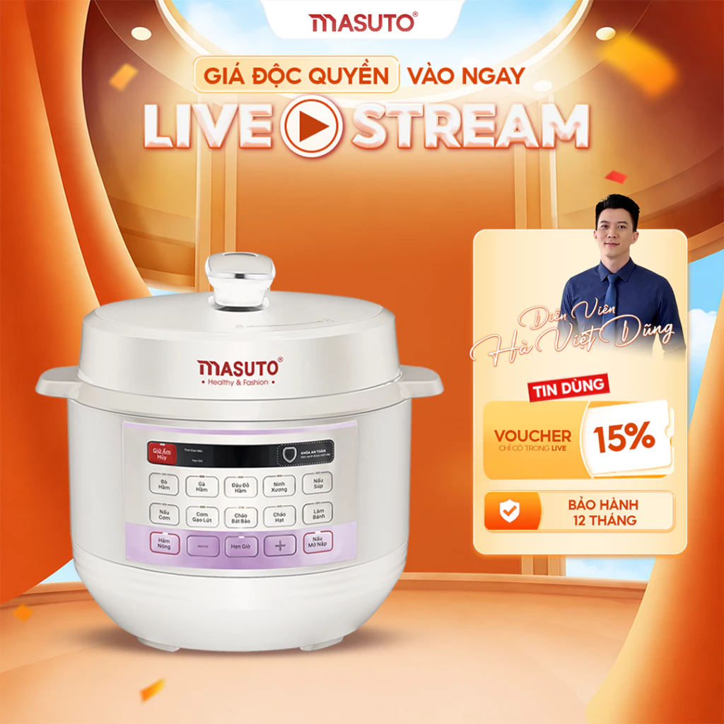 [LIVE] Nồi áp suất điện đa năng Masuto MS PC05 10 chức năng nấu, chế độ nấu mở nắp riêng biệt, bảo hành 12 tháng