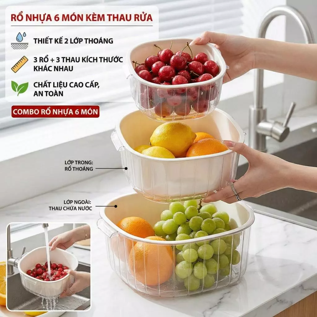 3 Khay Kích Thước Khác Nhau, Có Khay Đựng, Dễ Dàng Rửa Rau Củ Quả