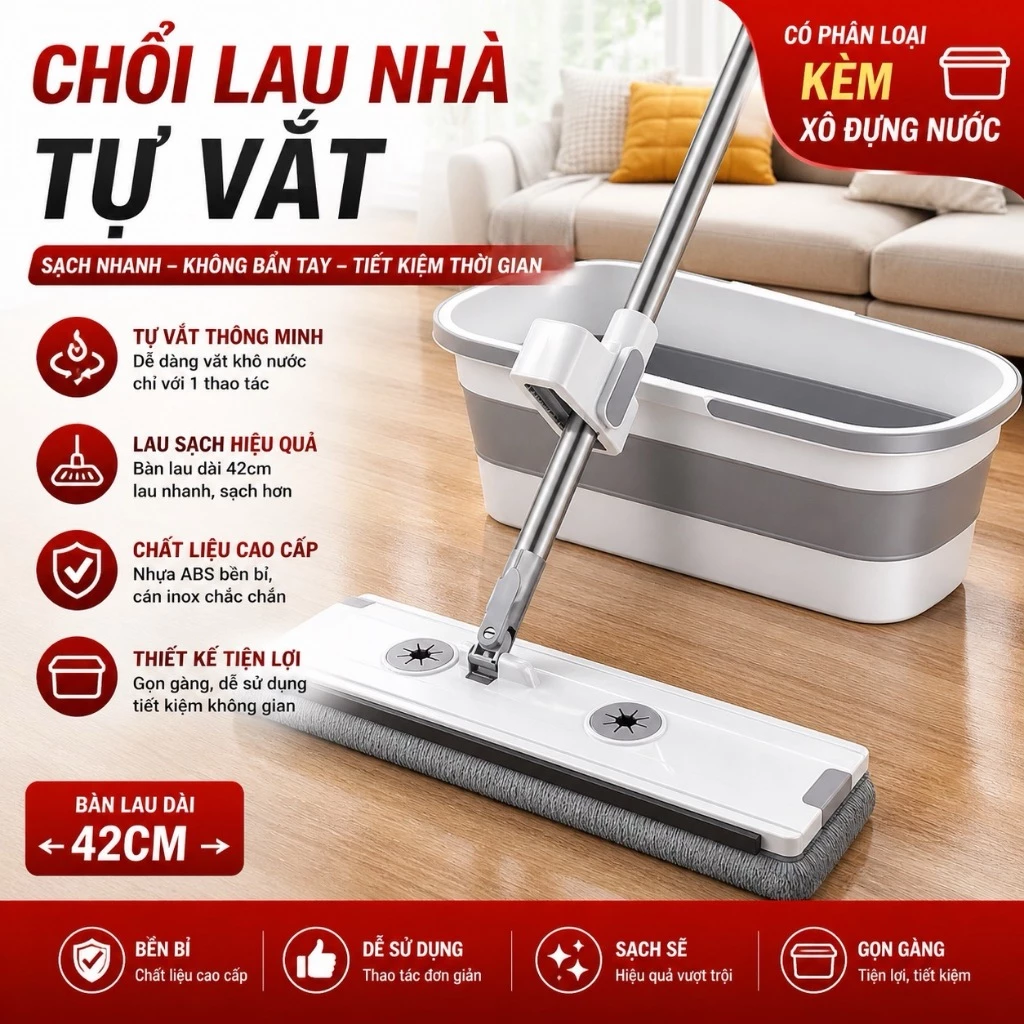 Chổi Lau Nhà Tự Vắt V3-42 Chổi Lau Nhà 360 Độ Thông Minh Bàn Lau Dài 42cm Có Đầu Gạt Bụi Bẩn Lau Sàn Cây Lau Nhà Đa Năng