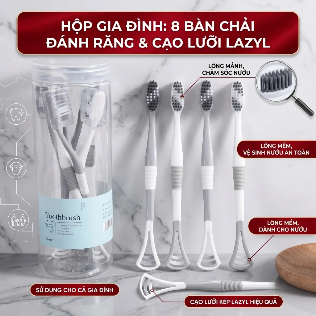 Hộp 8 Chiếc Bàn Chải Đánh Răng 2 Trong 1 Tích Hợp Cạo Lưỡi Lazyl