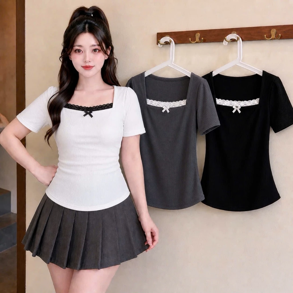 Áo Thun Kiểu Bigsize Nữ, Áo Thun Big Size Cổ Vuông Phối Ren Vải Gân Tăm Mặc Mát G173