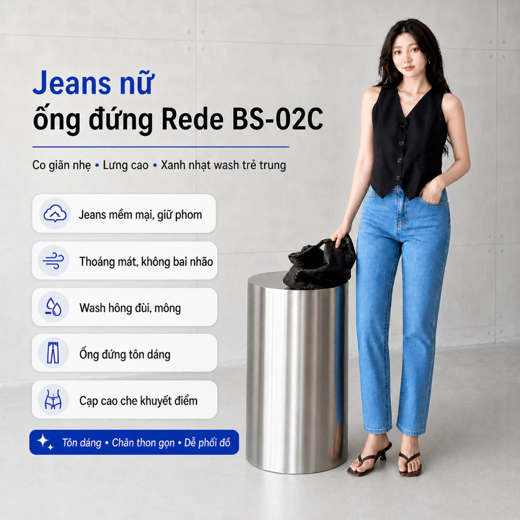 Quần Jeans Nữ Ống Đứng REDE BS-02C Co Giãn, Lưng Cao, Màu Xanh Nhạt Wash Trẻ Trung