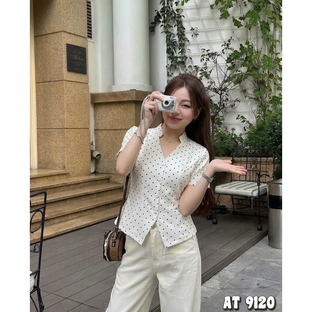 Áo Kiểu Nữ Bigsize Cổ Tàu Dáng Peplum - Áo Chấm Bi Cotton Hàn Tôn Dáng Cao Cấp AT9120