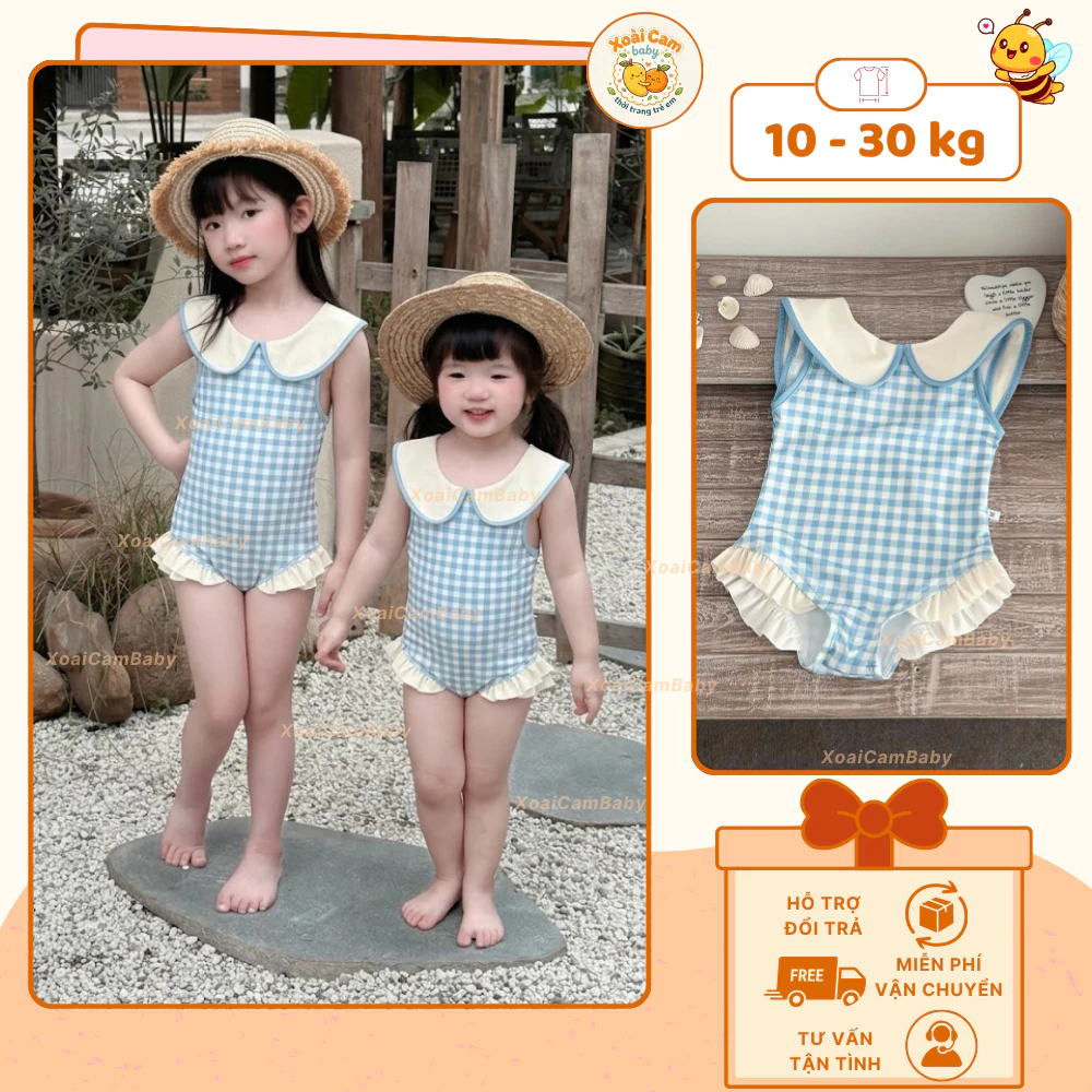 Đồ bơi bé gái liền thân caro xanh cổ sen dễ thương – swimsuit bơi bé gái cao cấp, nhanh khô co giãn thoải máI -M33