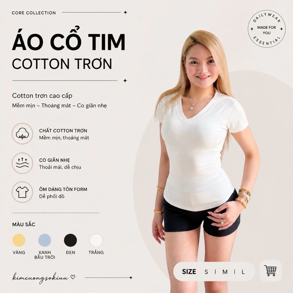 Cổ Tim Cotton Trơn Ôm Dáng Co Giãn Nhẹ –Chất Thun Mềm Mịn Thoáng Mát, Form Chuẩn Tôn Dáng Dễ Phối Đồ, Áo Thun Basic Nữ