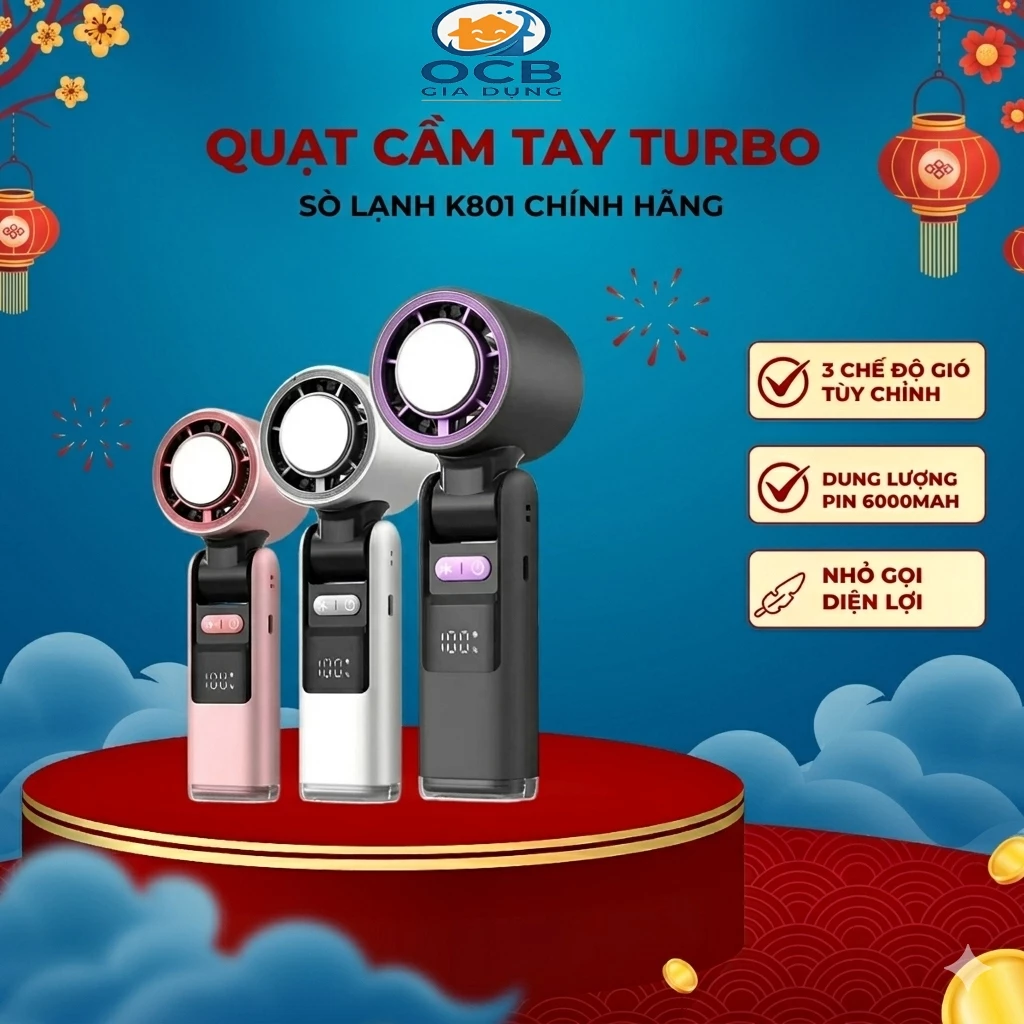 Quạt sò lạnh K801- pin 6000mAh-199 cấp độ gió- tích hợp đèn pin