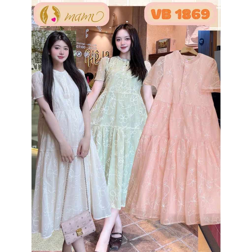 Đầm váy bầu công sở MAMI MS49 thiết kế dáng xòe 3 tầng chất tơ thêu trẻ trung chơi sang trẻ đẹp đầm bầu thiết kế
