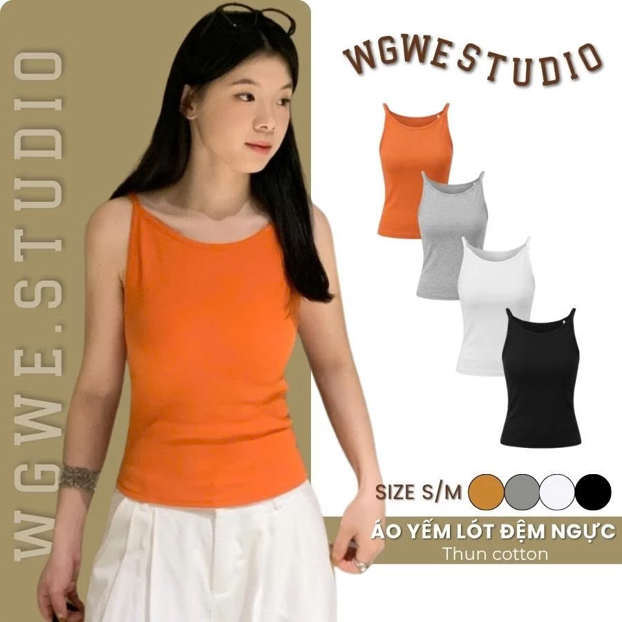 WGWE Studio Áo Ba Lỗ Nữ – Áo 2 Dây Lót Đệm Ngực, Cotton Co Giãn Ôm Body Tôn Dáng 9401
