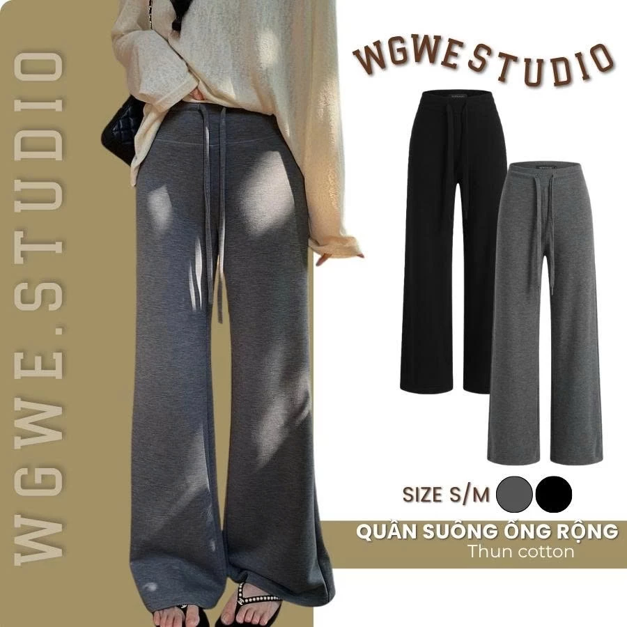 WGWE Studio Quần Ống Rộng Nữ – Quần Dài Suông Lưng Cao, Co Giãn Mềm Mịn 9408