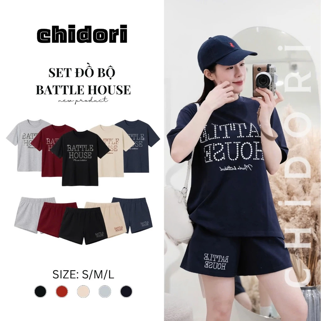 Set Bộ Cộc Tay Battle X Chidori Gồm Áo Thun From Rộng Và Quần Short Nữ Logo in 5D Chất Liệu Vải Cotton 2c Chất Liệu Vải