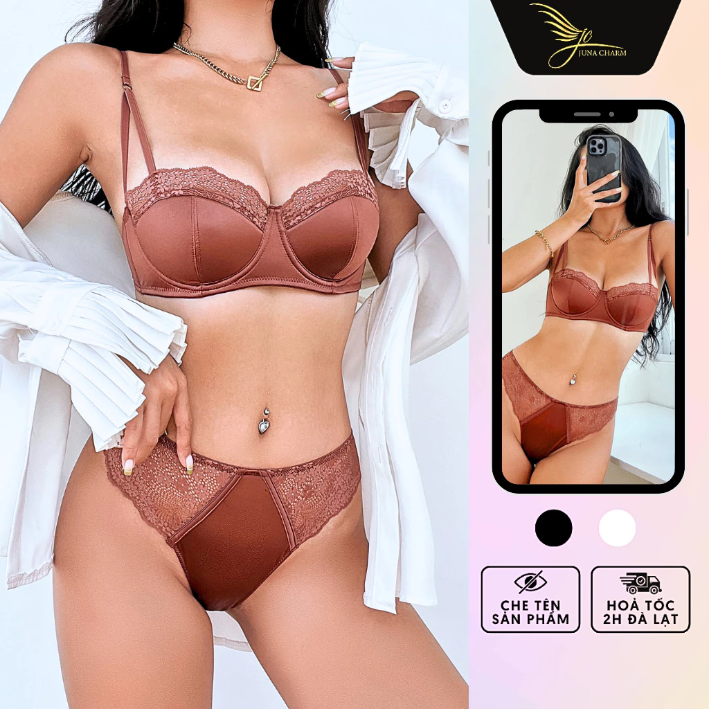 Bộ Đồ Lót Lụa Phối Ren Không Mút, Có Gọng Nâng Ngực Sexy JUNA Size 36/80 Thời Trang Đồ Lót Dành Cho Nữ, Màu Nâu/SP2228