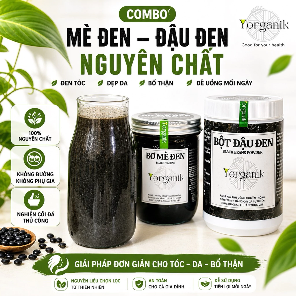 [Nghiền Cối Đá] Combo Bơ Mè Đen, Bột Đậu Đen Xanh Lòng Yorganik Đen Tóc Bổ Thận Không Đường Ăn Kiêng