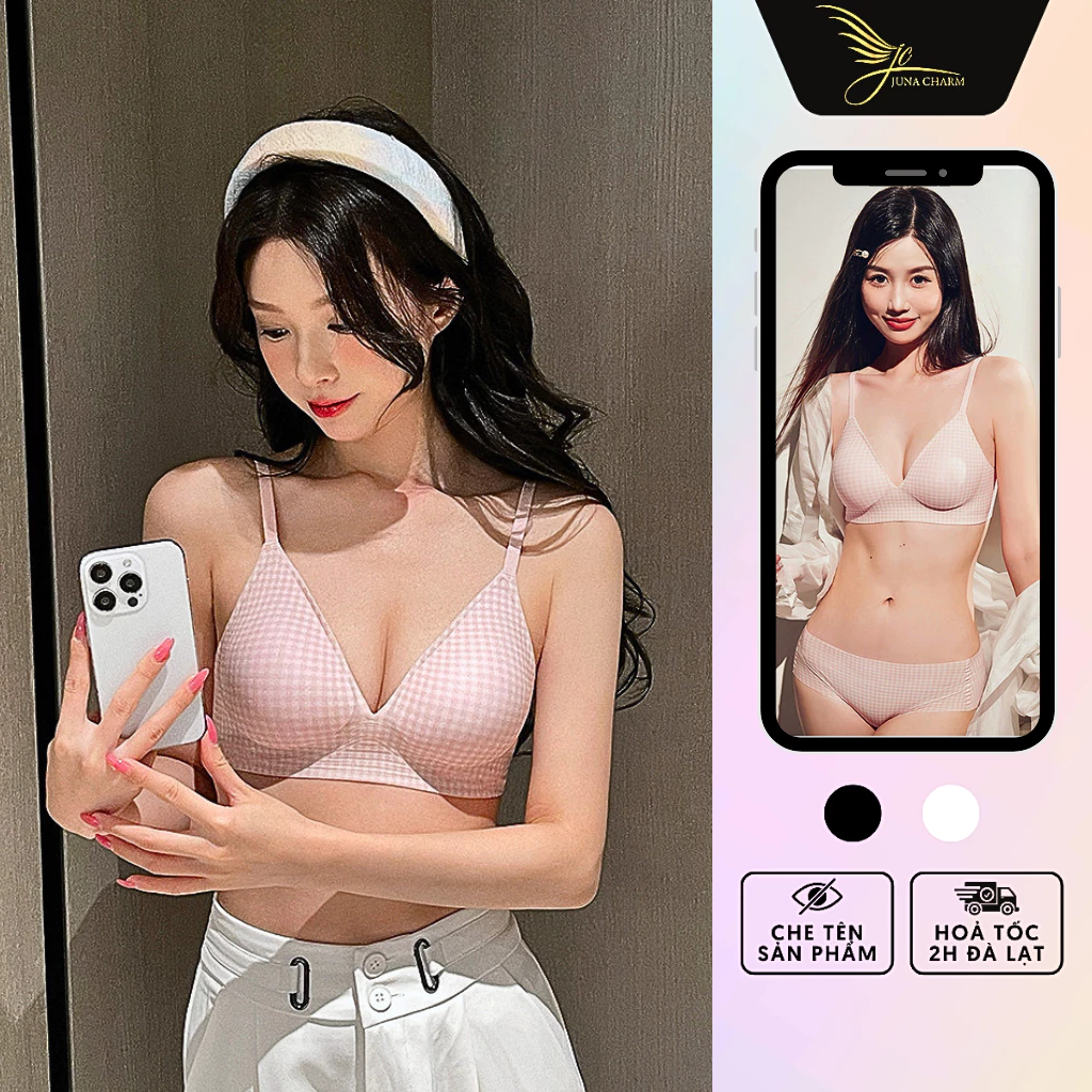 Bộ Đồ Lót Sọc Caro Không Gọng, Mút Đệm Mỏng JUNA Size 36 Thời Trang Đồ Lót Dành Cho Nữ, Chất Su Cao Cấp, Màu Hồng/SP2228