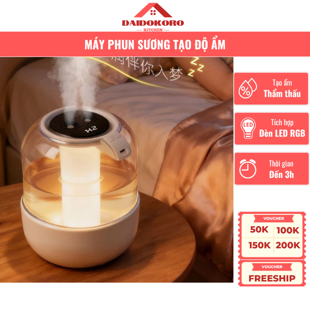 Máy Tạo Độ Ẩm Phun Sương, Hai Lỗ Phun Sương Kép, Đèn LED Ban Đêm, Dung Tích Lớn