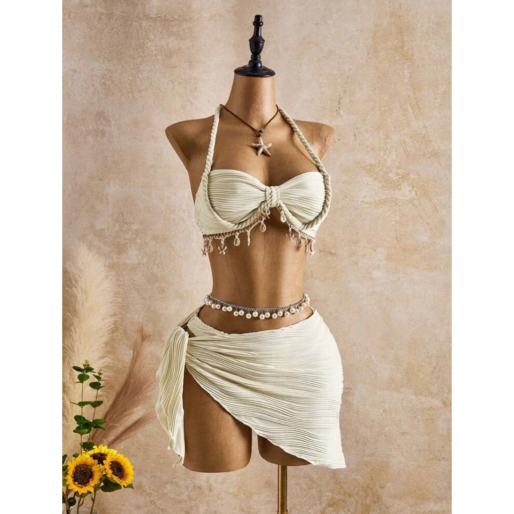 (Order) Set bikini Kèm Choàng 3 Món Hoạ Tiết Viền Sò( Cận Chất Ảnh Cuối)