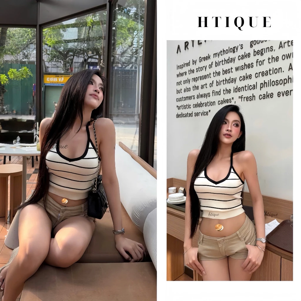 SUMMER ESCAPE - HTIQUE ra mắt Áo len 2 dây cổ yếm viền đen sọc ngang HTIQUE, Áo hai dây kiểu nữ tôn dáng AQ03