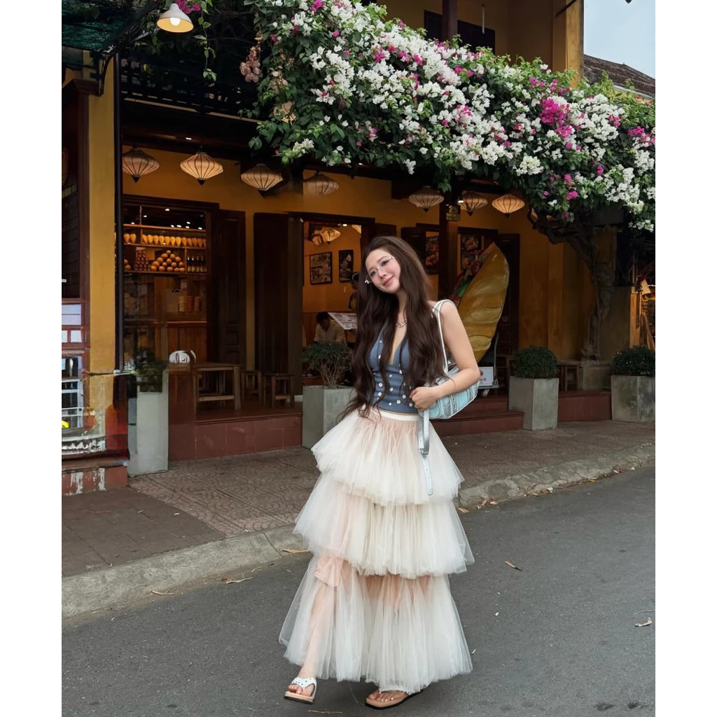 Tiered Skirt – Chân Váy Voan Lưới Nữ Nhiều Tầng Dáng Dài Bồng Bềnh Tiểu Thư By QuynhTrangBasic