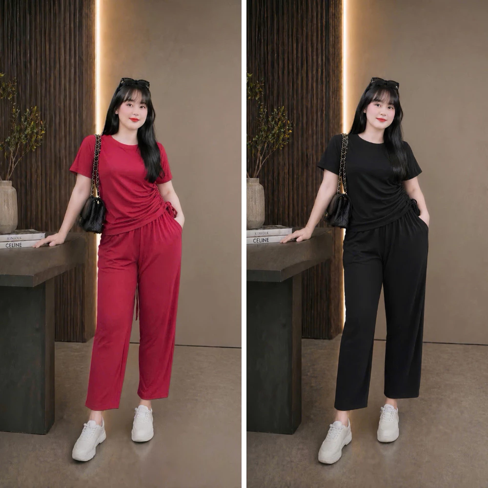 Set đồ bộ bigsize nữ áo thun basic cổ tròn tay ngắn kèm quần ống rộng dài chất vải thun gân SET62