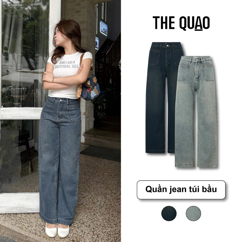 THE QUẠO - Quần Jean Nữ Lưng Cao Ống Suông Rộng Phối Túi Xanh Nhạt Rêu phủ Bụi Vàng Nhẹ S2105_661